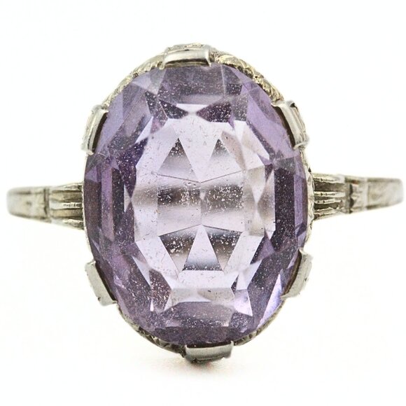 Opulent Antique Edwardian 14K White Gold Amethyst Ring Sz 8. - Picture 1 of 10